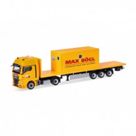 Herpa 318556 MAN TGX GX flat bed semitrailer with office container "Max Bögl" (Bavaria Sengenthal)